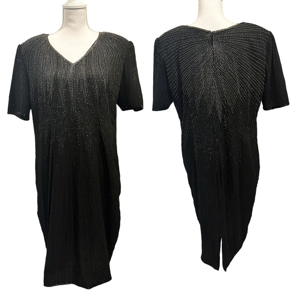 Vintage 80s Stenay Woman‎ Black Silk Beaded Sequin Cocktail Shift Dress Art Deco